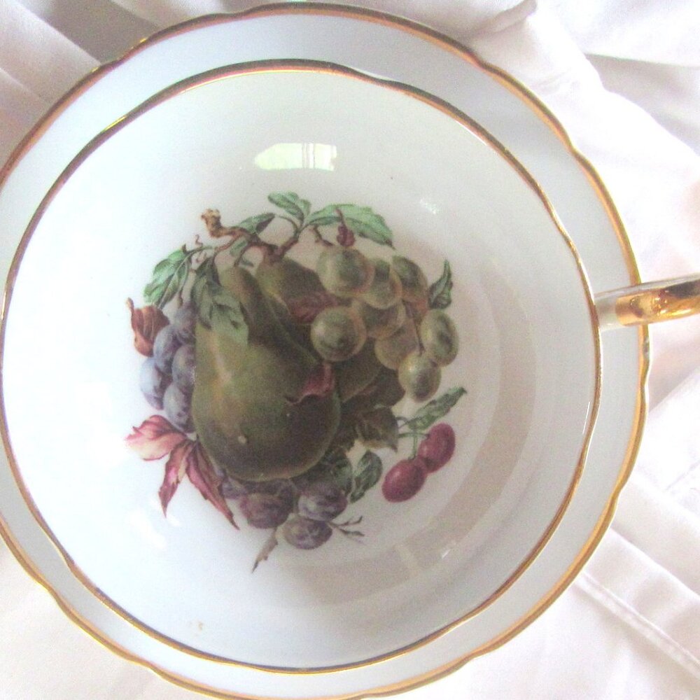 Regency Tea Cup and Saucer, Soft Blue Fabulous Hand Painted Fruit Gold Gilt I247